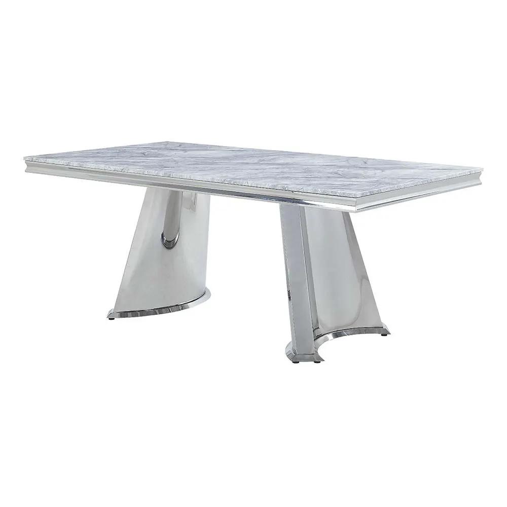 Destry - Dining Table With Engineering Stone Top & Pedestal Base - Engineering Stone Top & Mirrored Silver by Unique Piece Furniture