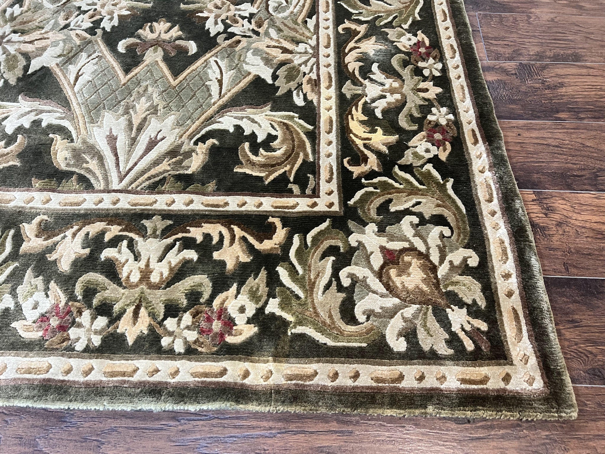 Tibetan Rug 8x10, European Design, Floral, Green, Handmade, Wool, Nepali Rug by Jewel Rugs