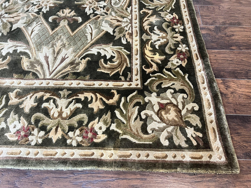 Tibetan Rug 8x10, European Design, Floral, Green, Handmade, Wool, Nepali Rug by Jewel Rugs