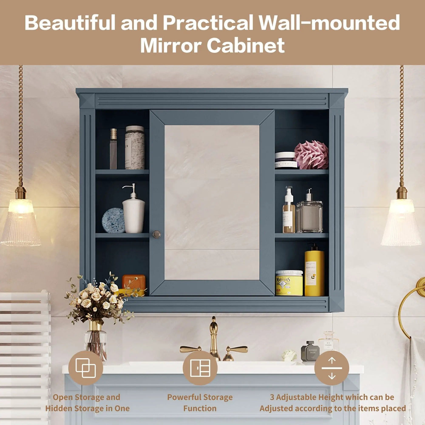 Wall Mounted Bathroom Storage Cabinet With Mirror, Cabinet With 6 Open Shelves And Adjustable Interior by Unique Piece Furniture