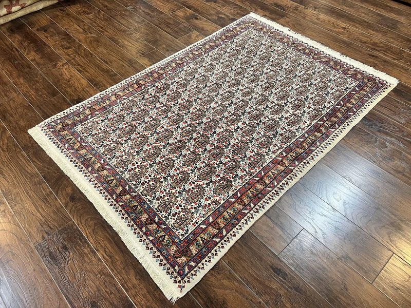 Persian Rug 4x6, Mashad Kashmar Rug, Boteh Paisley Design, Allover Repeated Pattern, Ivory Hand Knotted Vintage Semi Antique Persian Oriental Carpet by Jewel Rugs
