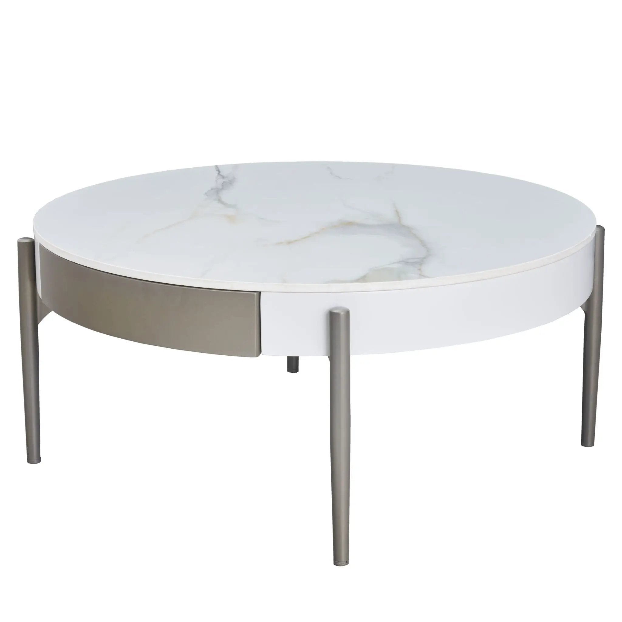 Modern Round Coffee Table With Storage Drawers Handcrafted Ceramic Inlay Tabletop 2 Tone Wood Legs Scandinavian Living Room Center Table - White / Gray by Unique Piece Furniture