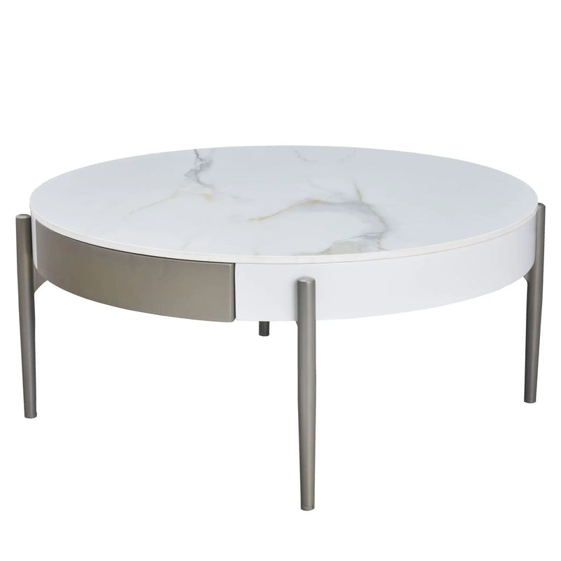 Modern Round Coffee Table With Storage Drawers Handcrafted Ceramic Inlay Tabletop 2 Tone Wood Legs Scandinavian Living Room Center Table - White / Gray by Unique Piece Furniture