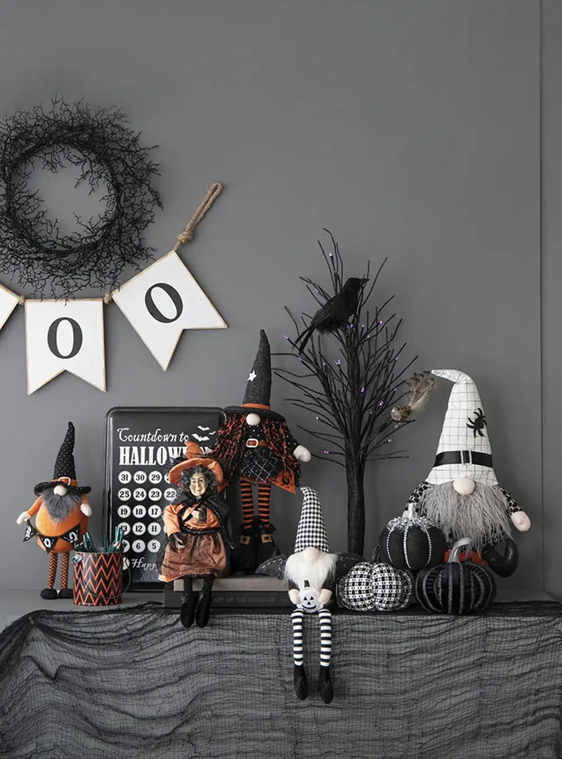 Standing Gnome With Banner & Spring Body, For Halloween Decor - Black / Orange / White by HouseOfZazla