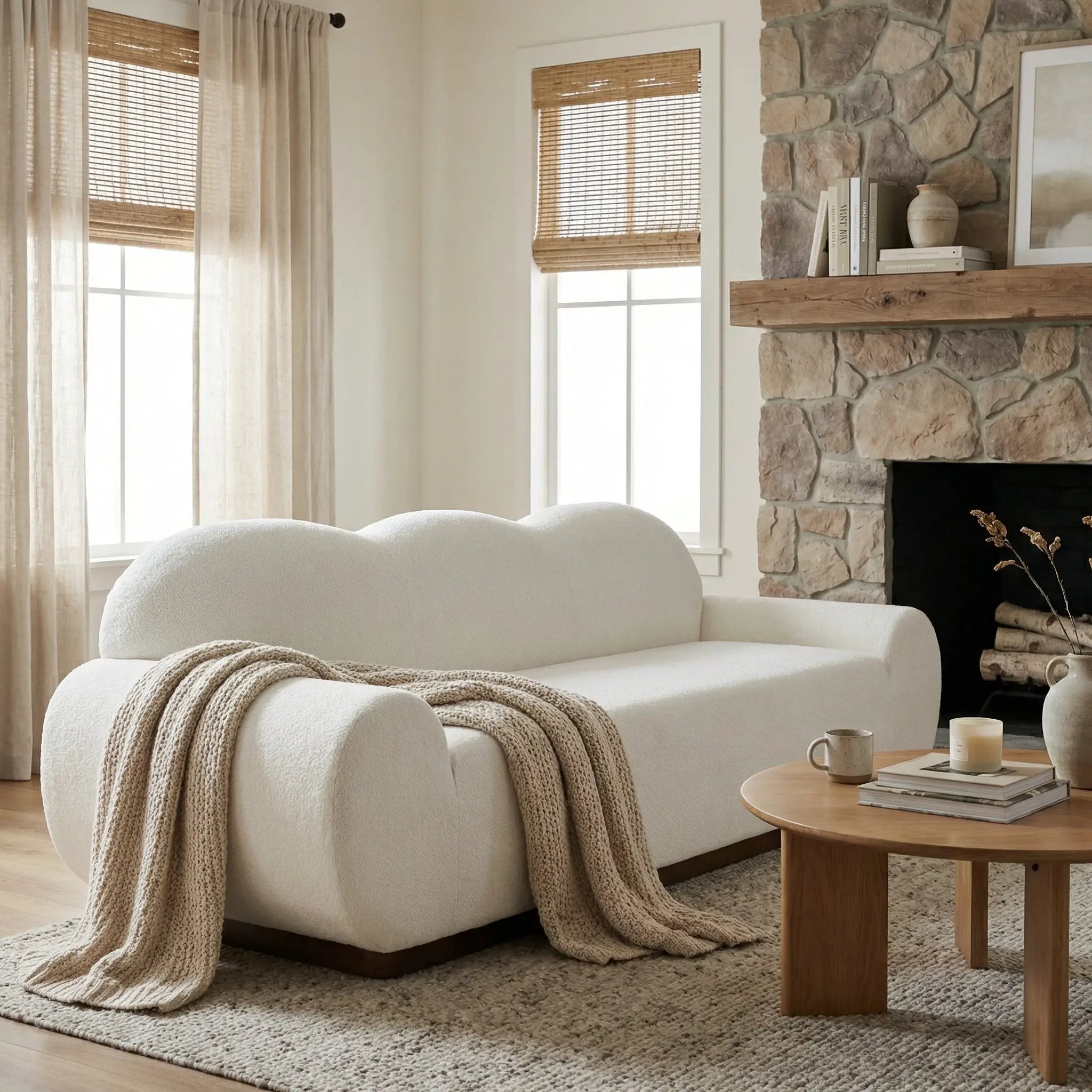 88 in. Round Arm Cloud Curved 3-Seater Modern Upholstered Chenille Sofa, Snow by HouseOfZazla