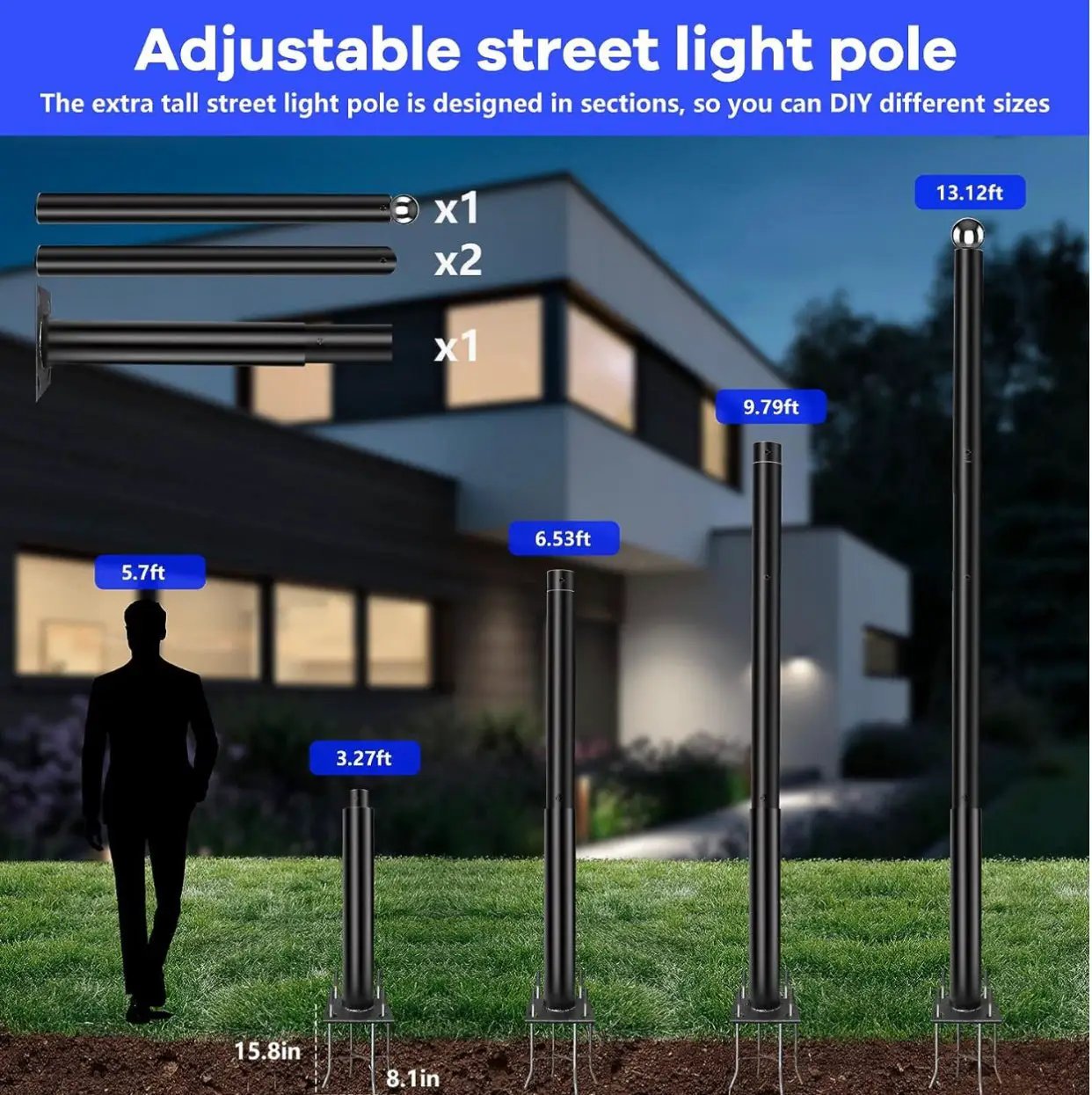 13FT Street Light Pole Garden Light Heavy Metal Light Pole Black Iron Aluminum Pole with Ground Cage and Mounting Kit for Heavy Duty by Outdoor Solar Outlet