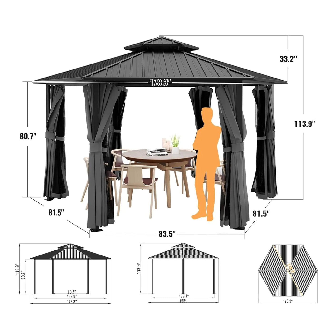 [13X15FT] Alora Hardtop Hexagonal Gazebo With Curtains And Netting [No Furniture] (SAK60713) by SAKSBY WHOLESALE