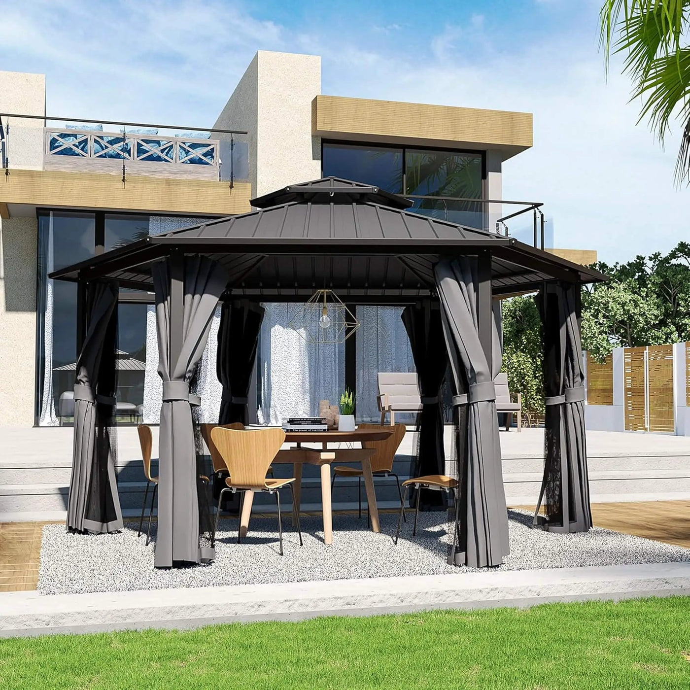 [13X15FT] Alora Hardtop Hexagonal Gazebo With Curtains And Netting [No Furniture] (SAK60713) by SAKSBY WHOLESALE