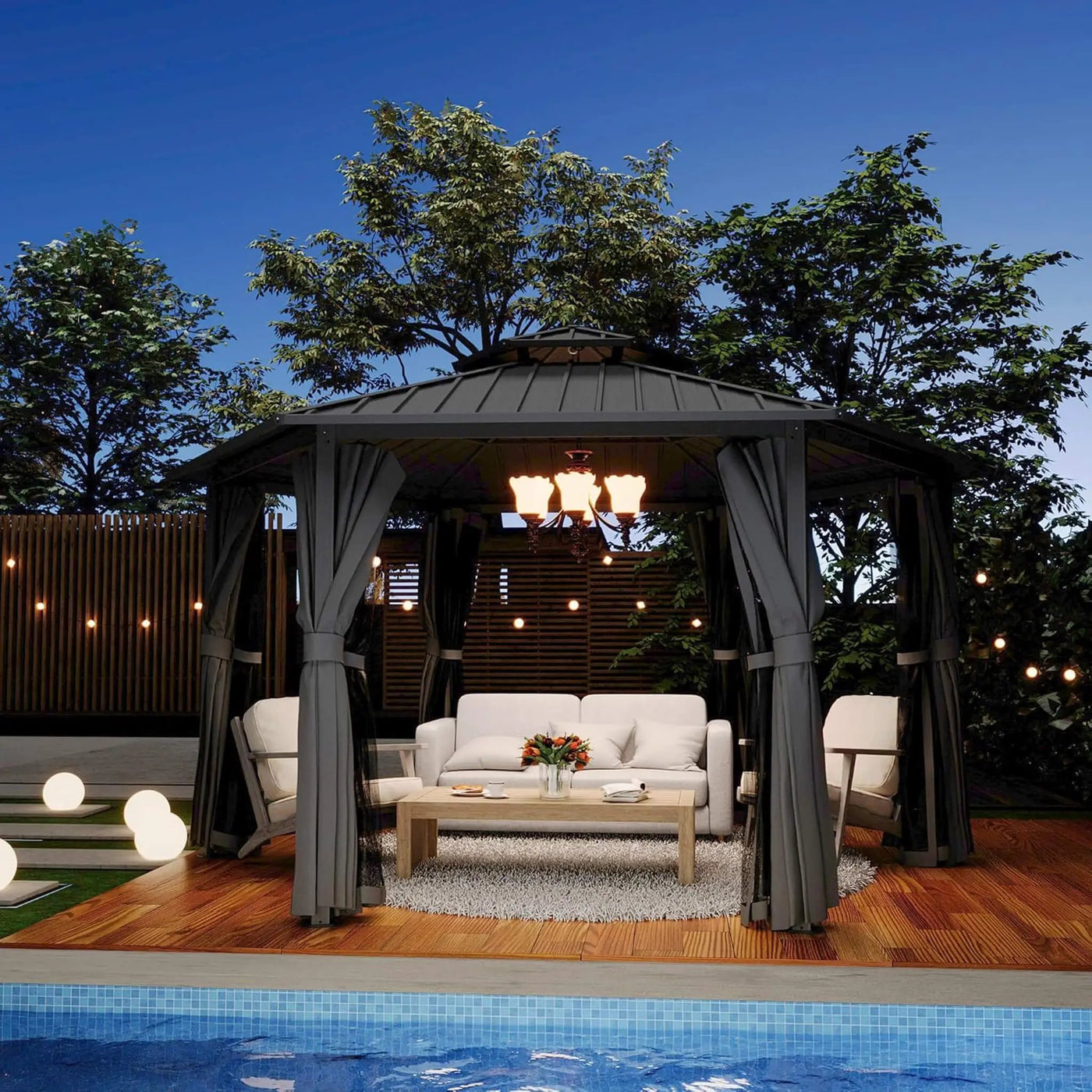 [13X15FT] Alora Hardtop Hexagonal Gazebo With Curtains And Netting [No Furniture] (SAK60713) by SAKSBY WHOLESALE