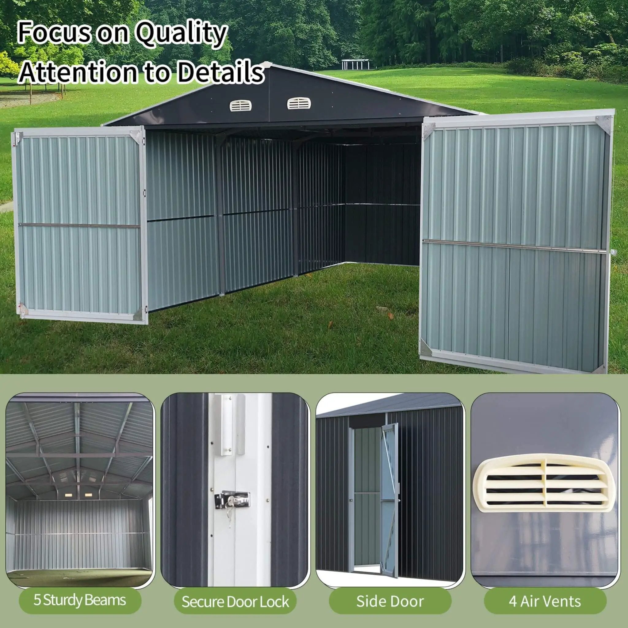 13x20FT] Alora Large Heavy-Duty Outdoor Metal Storage Shed With Doubl