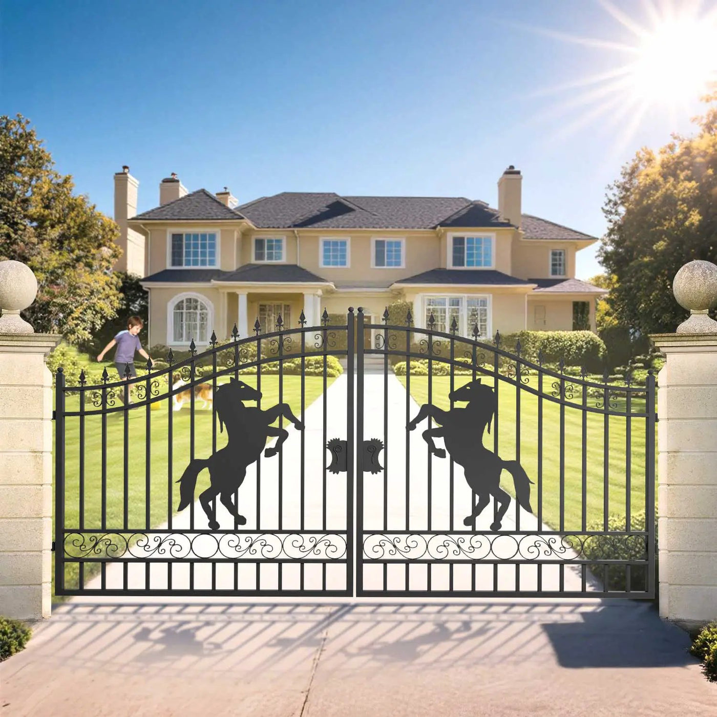 14x8 ft Steel Dual Swing Driveway Gate with Horse Pattern by Chery Industrial