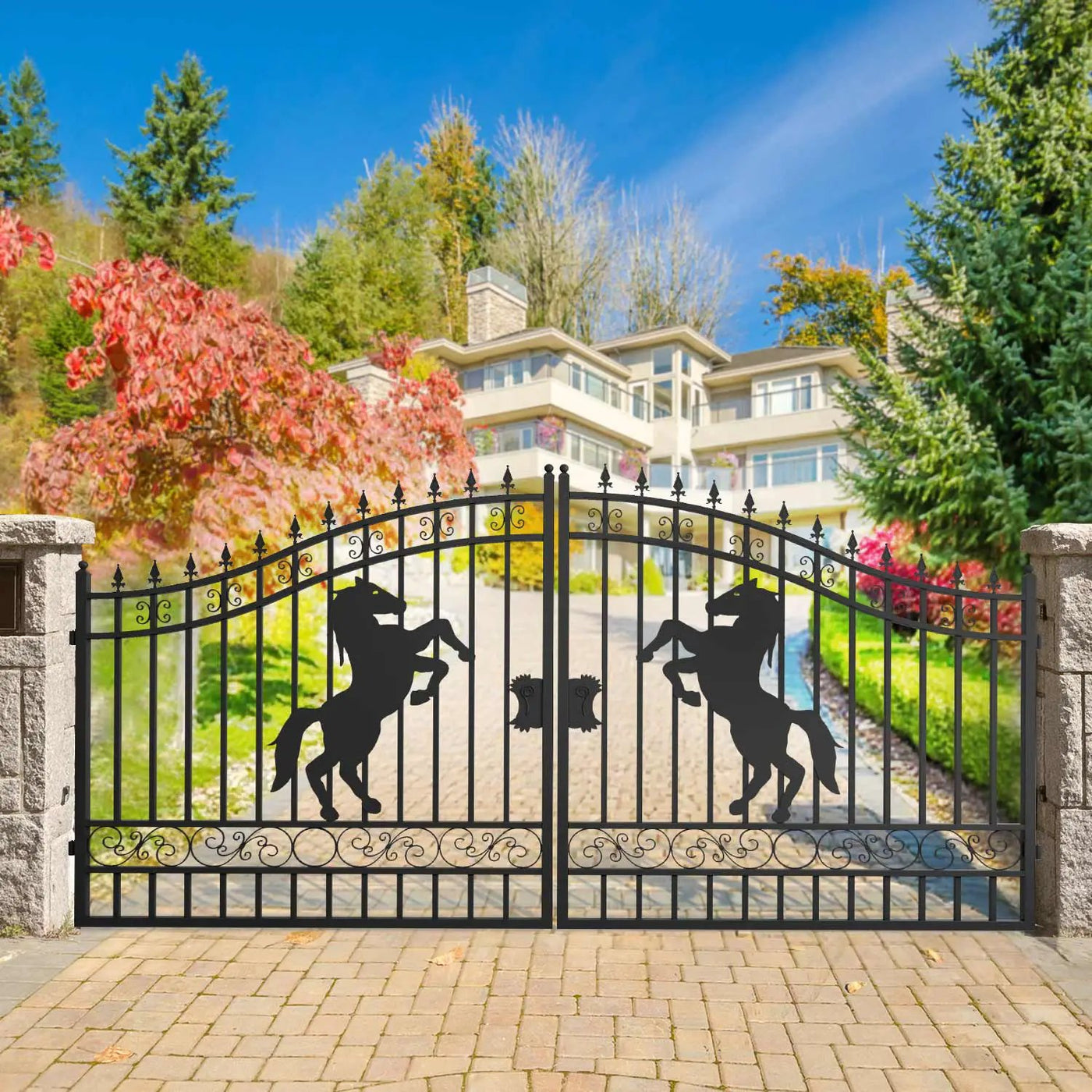 14x8 ft Steel Dual Swing Driveway Gate with Horse Pattern by Chery Industrial