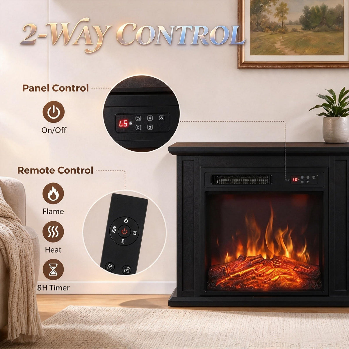 1400W Electric Fireplace TV Stand with Mantel, 26" Freestanding Fireplace Featuring Adjustable Flame, Timer Function & Handy Remote Control, photo 8 of 8