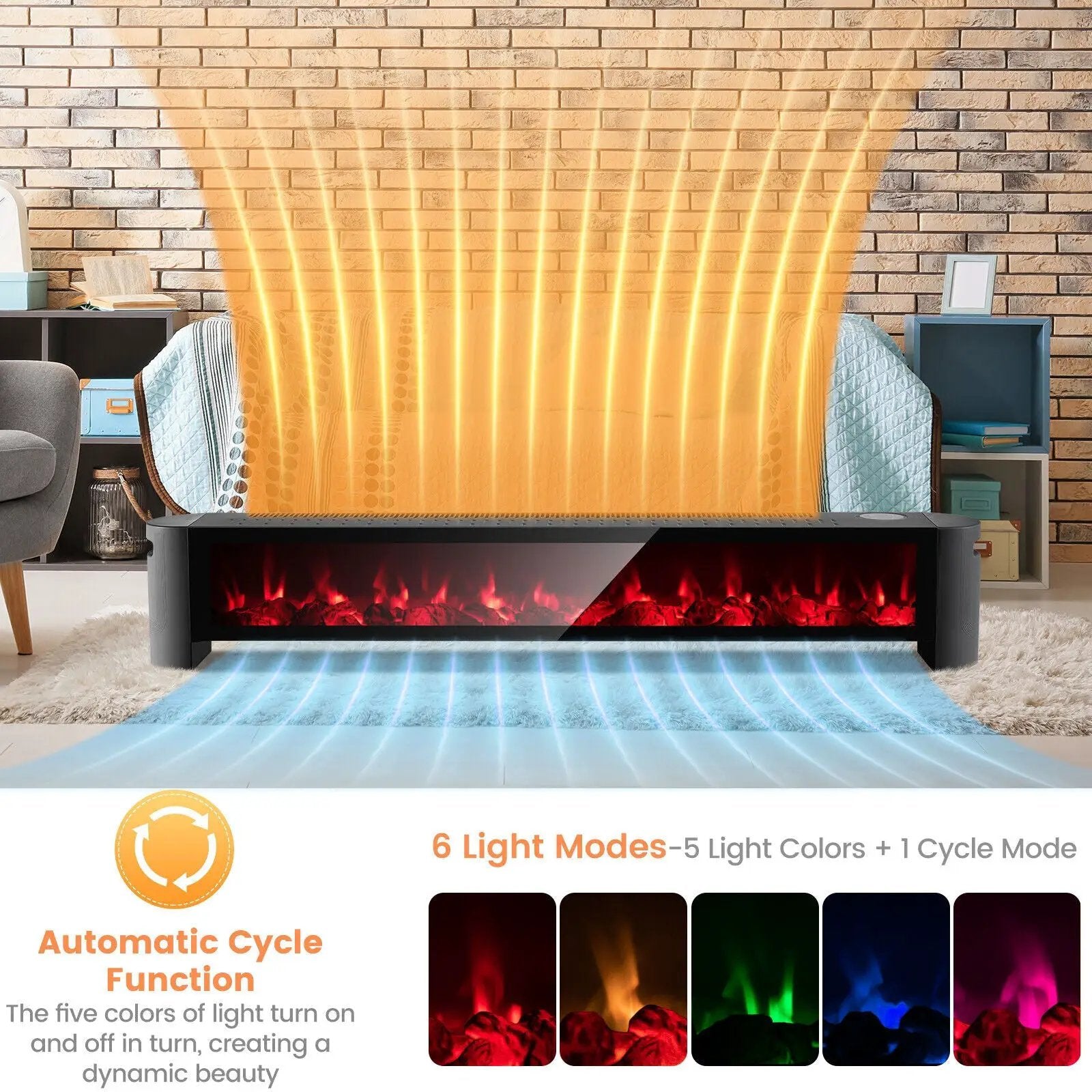 1400W Electric Baseboard Heater with Realistic Multicolor Flame-Black by DirectDeals