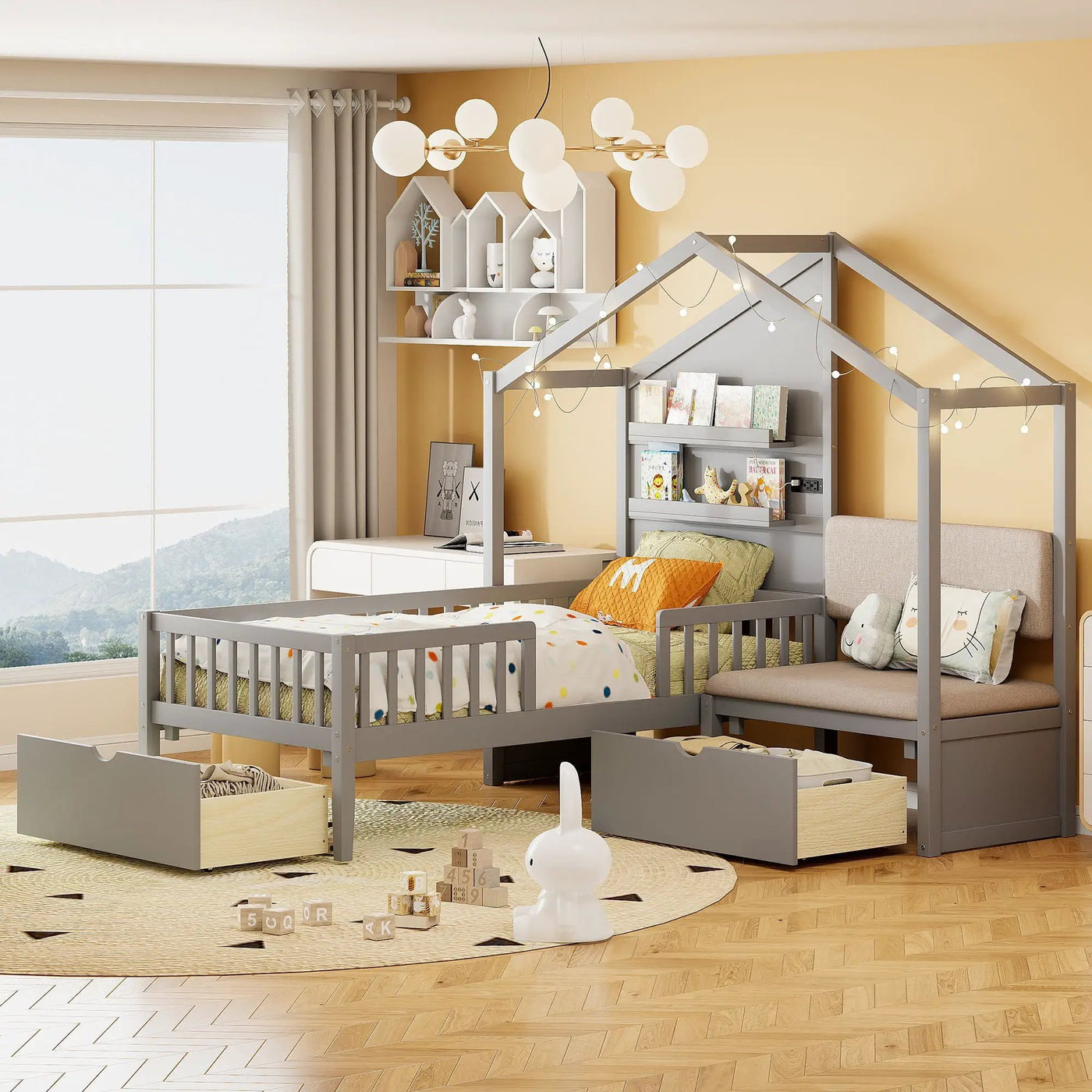 House Bed With Upholstered Sofa, Wireless Charging Station, Shelves And 2 Drawers by Unique Piece Furniture