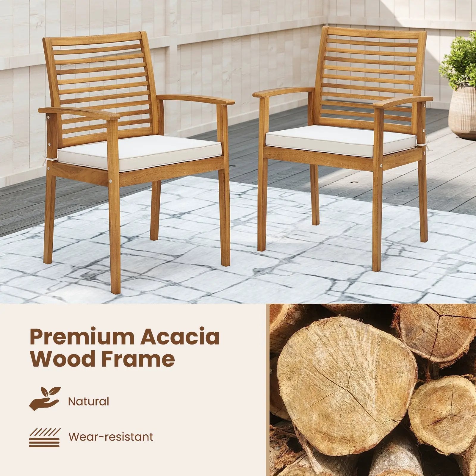 Outdoor Patio Dining Chairs Set of 2 with Removable Padded Cushion and Slatted Backrest-Beige by DirectDeals