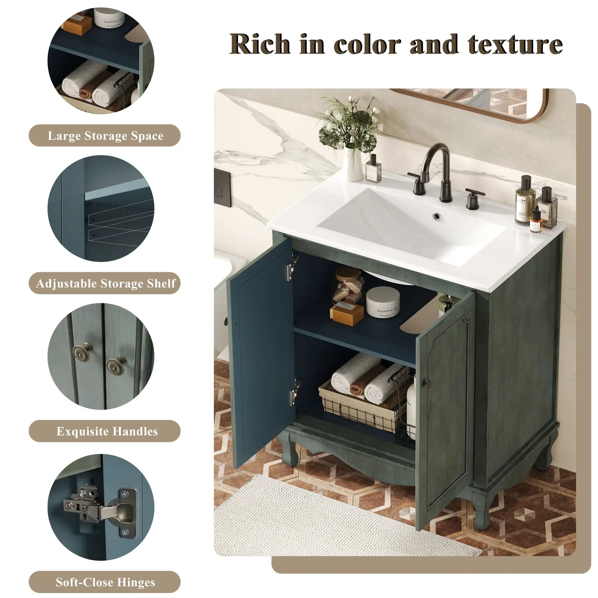 Vintage Bathroom Vanity With Ceramic Sink, Adjustable Shelves