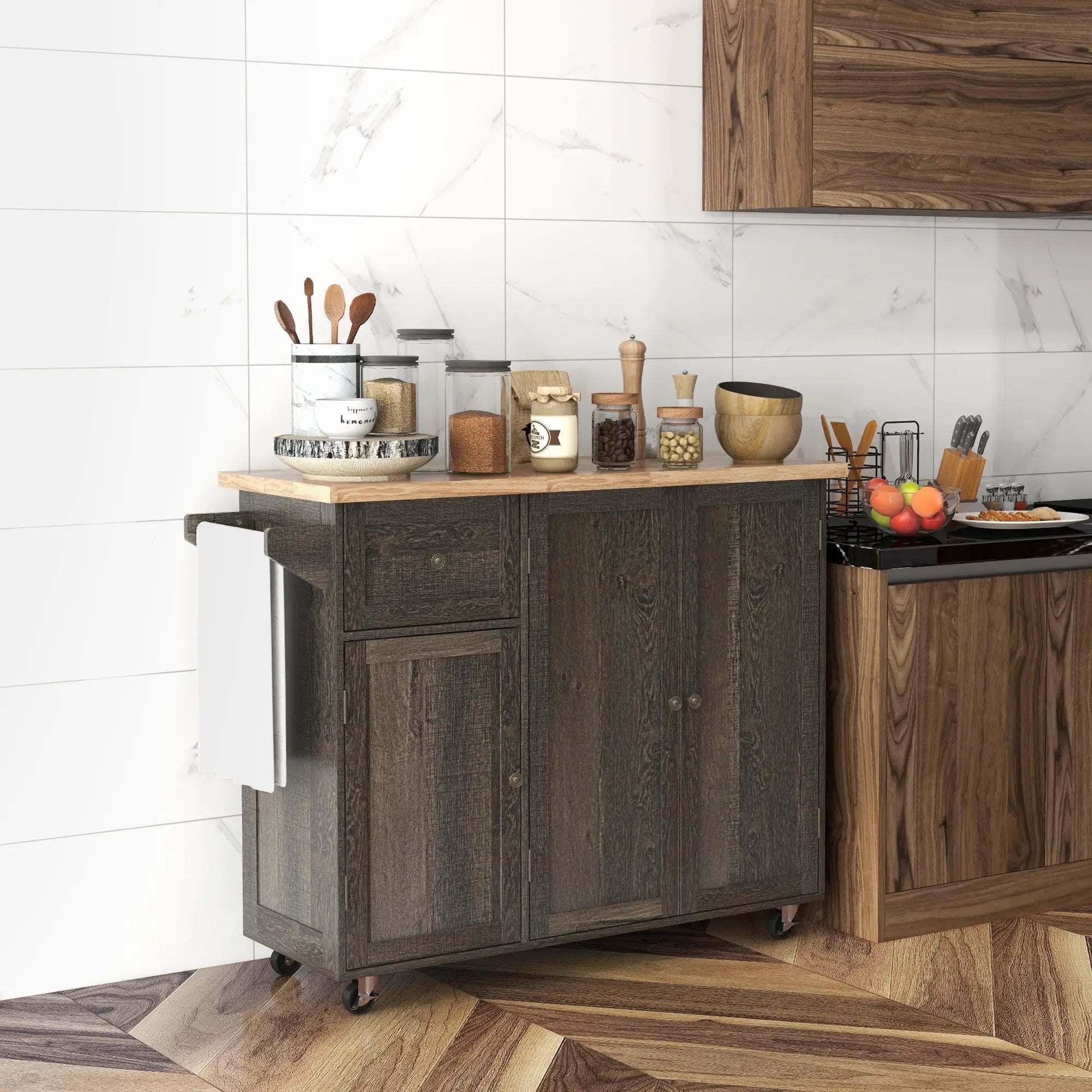 Homcom - Triple-Cabinet Rolling Kitchen Island On Wheels, Kitchen Cart With Storage Shelf Adjustment, Rolling Utility Cart With Wood Top, Towel Rack, Big Drawer - Distressed Brown by HouseOfZazla
