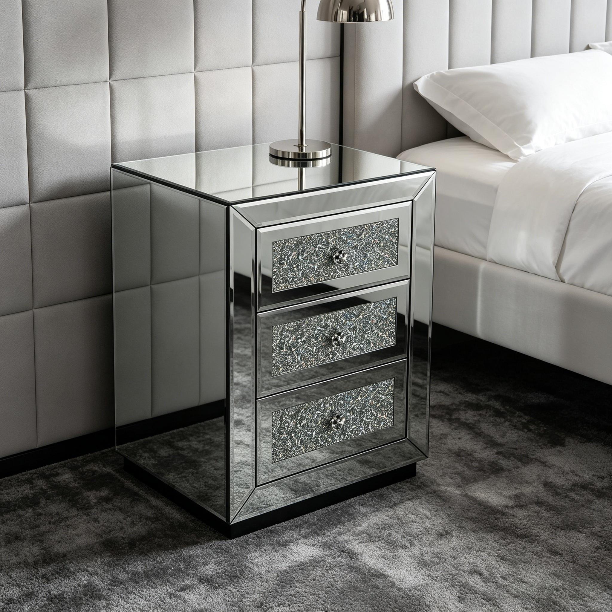 3 Drawer Nightstand With Glass Accents, Bedside Table For Bedroom - Silver by HouseOfZazla
