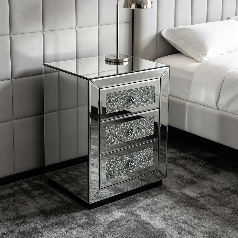 3 Drawer Nightstand With Glass Accents, Bedside Table For Bedroom - Silver by HouseOfZazla