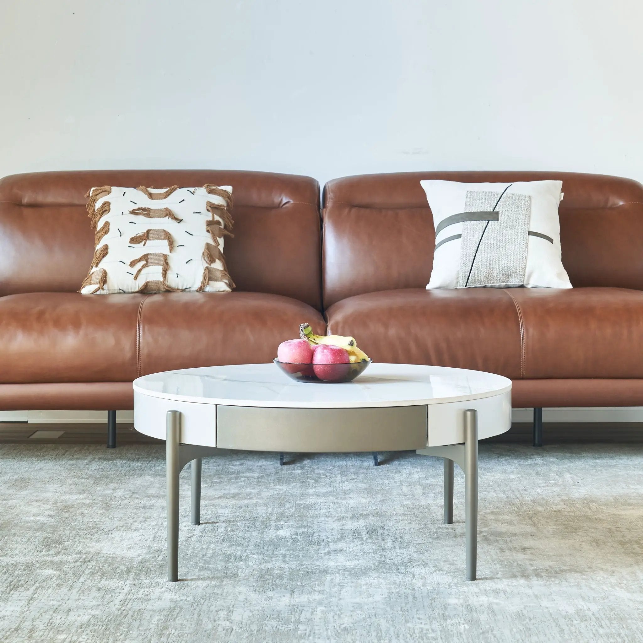 Modern Round Coffee Table With Storage Drawers Handcrafted Ceramic Inlay Tabletop 2 Tone Wood Legs Scandinavian Living Room Center Table - White / Gray by HouseOfZazla