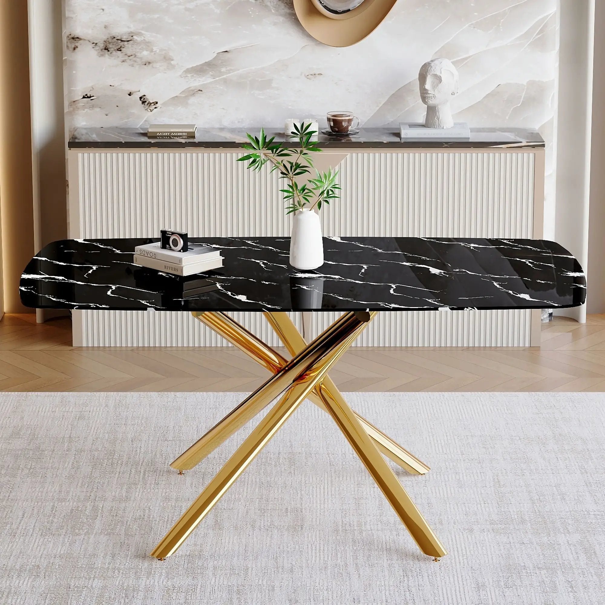 Luxurious Marble Patterned Dining Table With Metal Fork Legs by Unique Piece Furniture