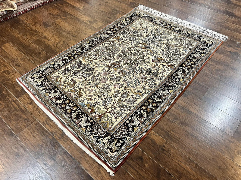 Persian Qum Tree of Life Rug 5x7, Wool and Silk Highlights, Animal Motifs, Vintage Hand Knotted Handmade Cream & Black Fine Oriental Carpet by Jewel Rugs