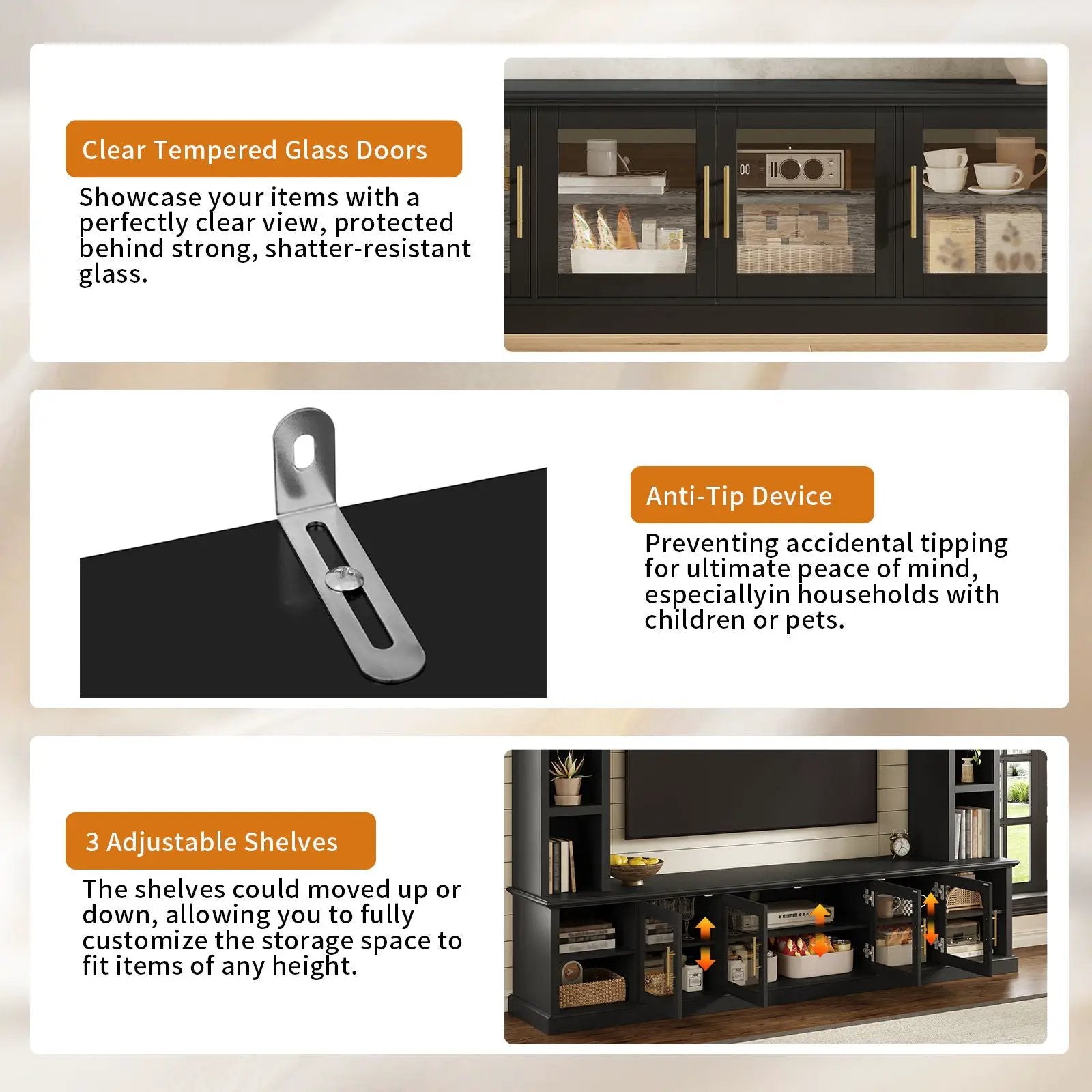 All-In-One Entertainment Center With Bookshelves & Tempered Glass Doors, TV Console Unit For Living Room by Unique Piece Furniture