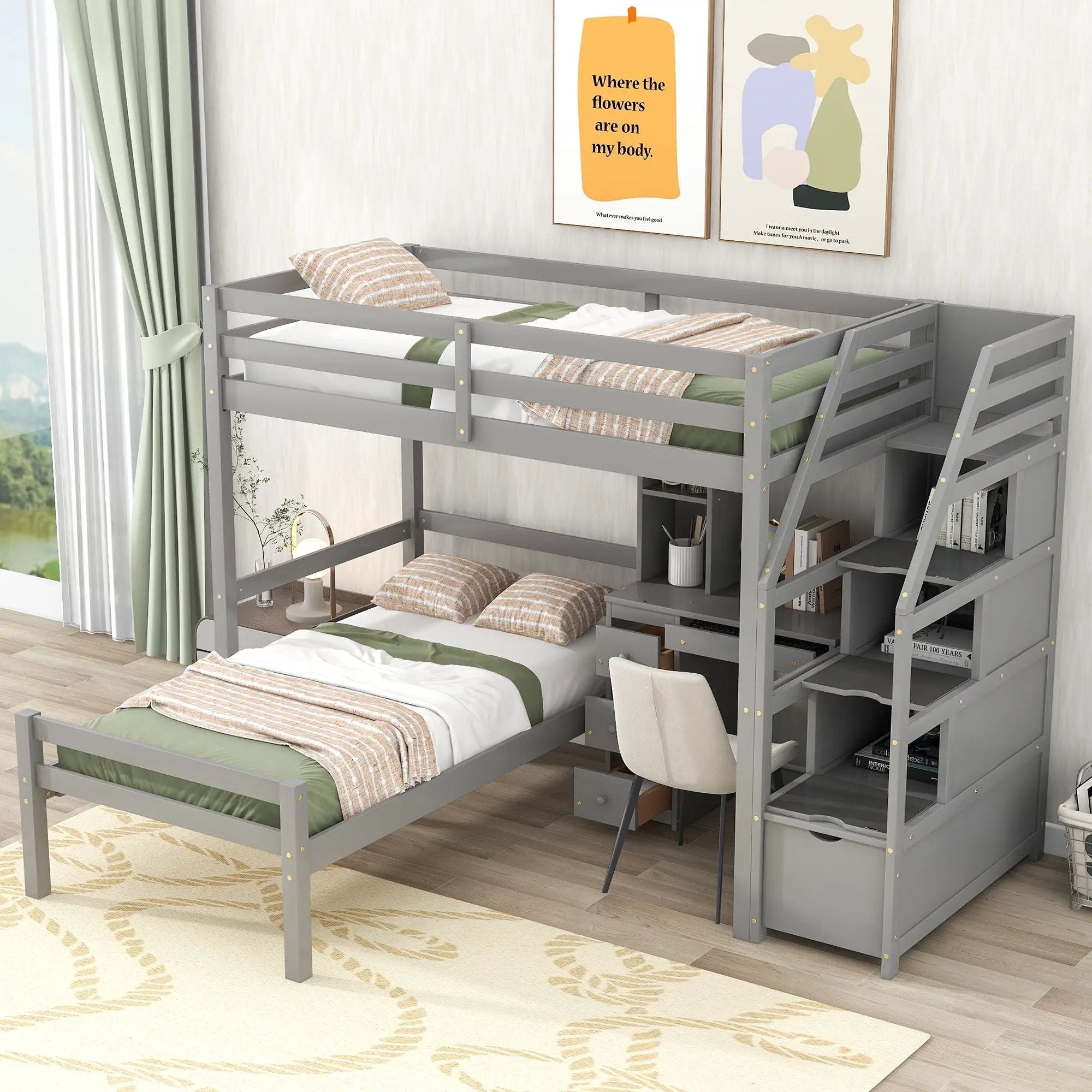 Loft Bed With Stand Alone Bed, Storage Staircase, Desk, Shelves, And Drawers by Unique Piece Furniture