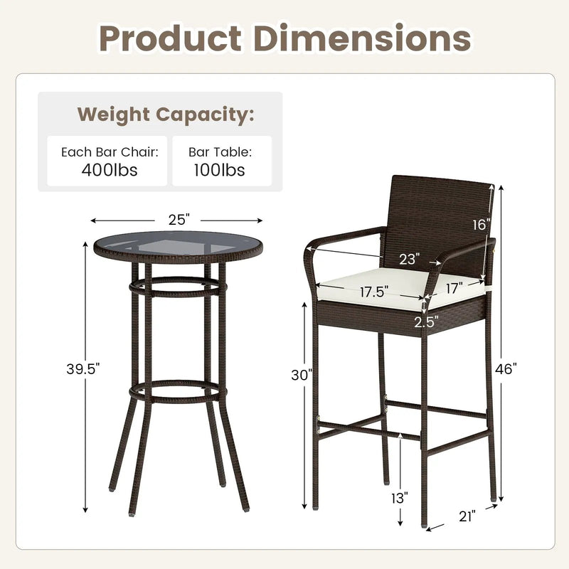 Patio Rattan Bar Height Table and Chairs with 2 Seat Cushions for Porch-White by DirectDeals