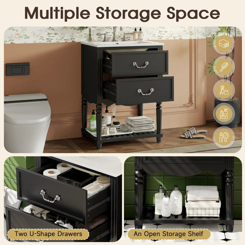 Wave Design Bathroom Vanity With Sink, 2 Drawers And Open Shelf