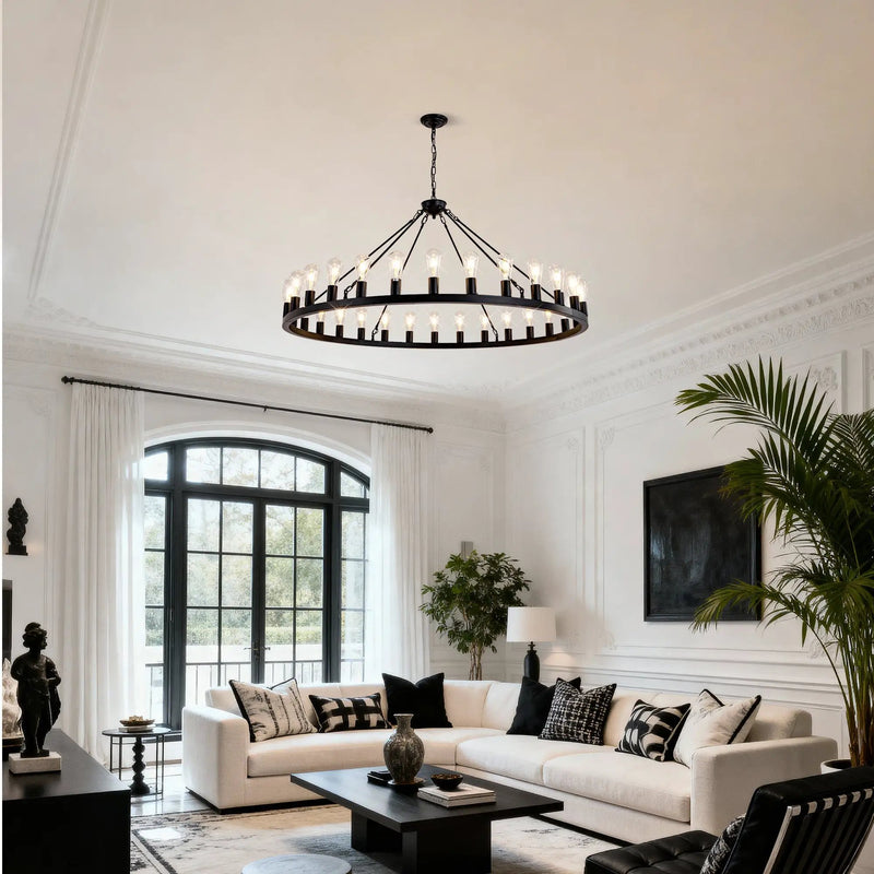 64 Inch Matte Black Wagon Wheel Chandelier With 30 Lights by HouseOfZazla