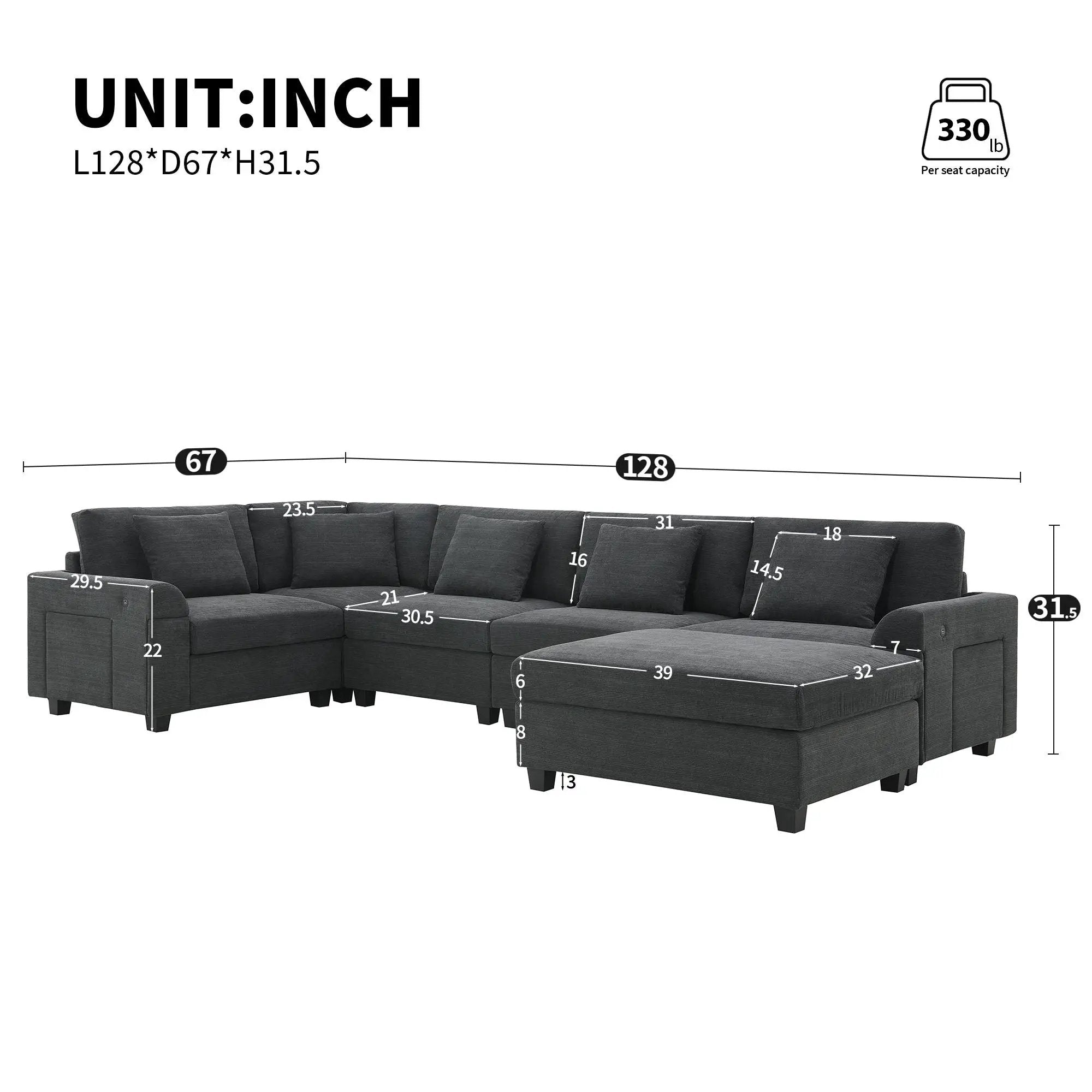 U Shaped Sectional Sofa 6 Seat Couch Set With Oversized Ottoman, Hidden Armrest Storage And Cup Holders USB Charging Ports Wide Seat Sofa by HouseOfZazla