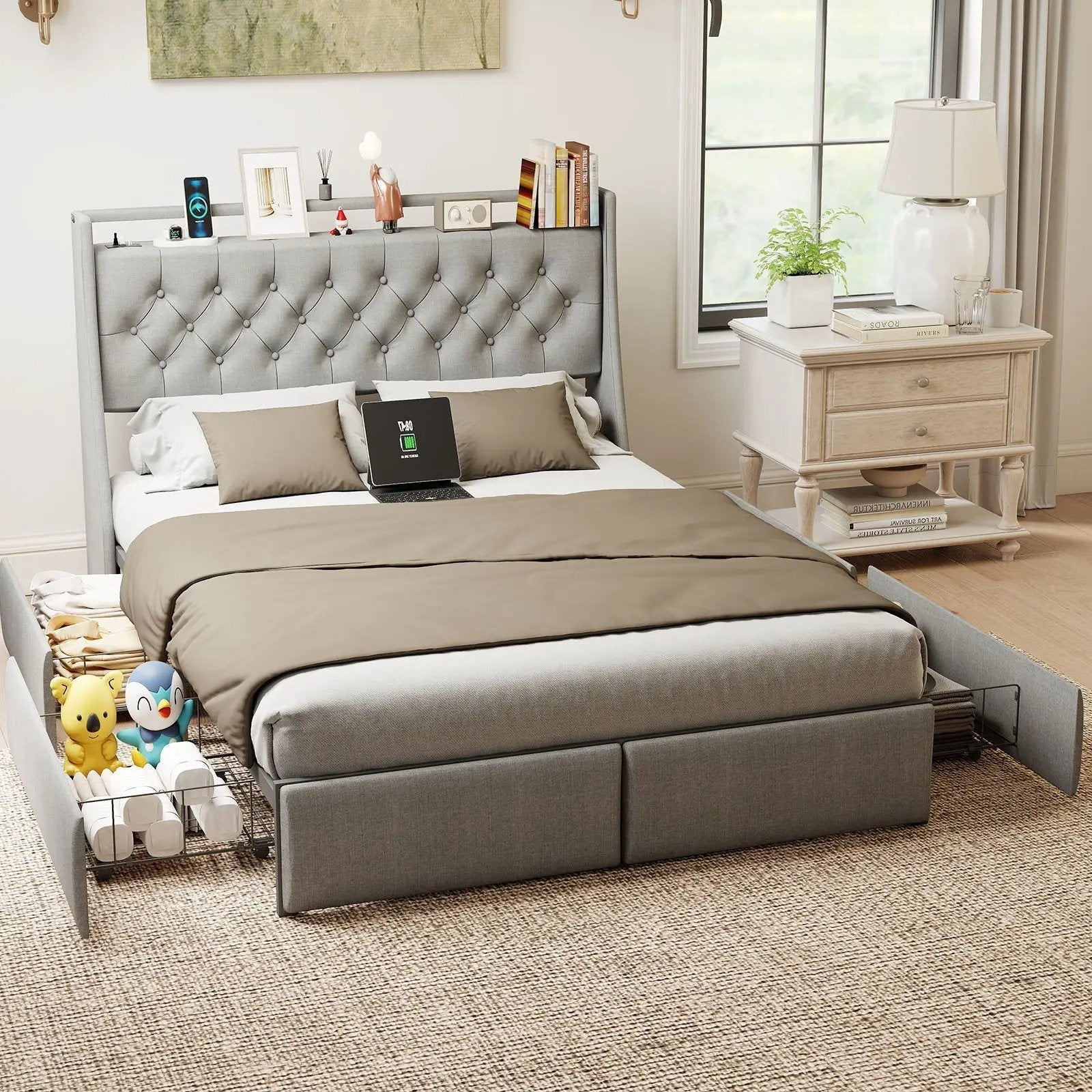 Queen Platform Bed Frame With RGB LED & Charging Station, Storage Headboard by HouseOfZazla