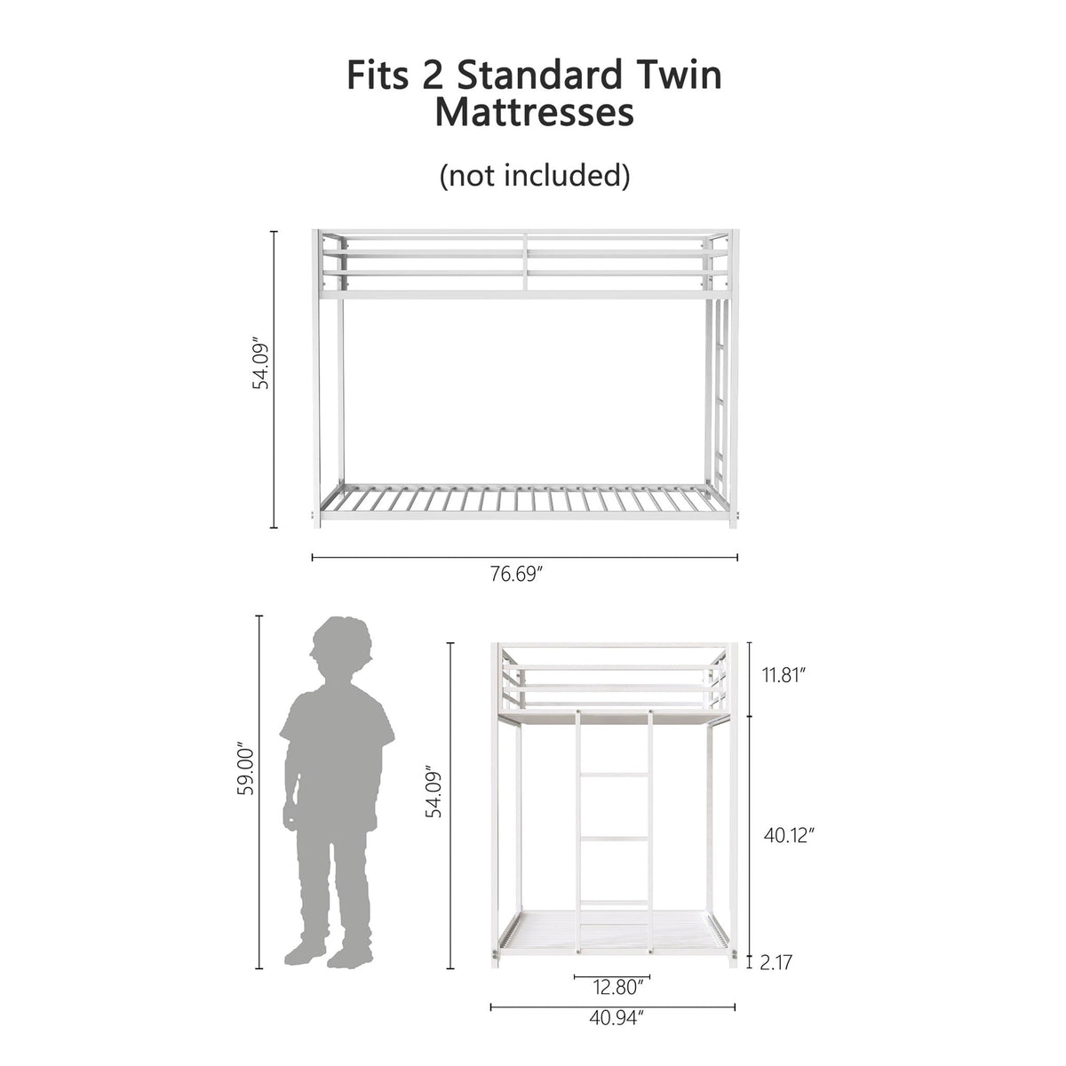 White Metal Bunk Bed with Reinforced Guardrails - Twin over Twin or Twin over Full, photo 5 of 14