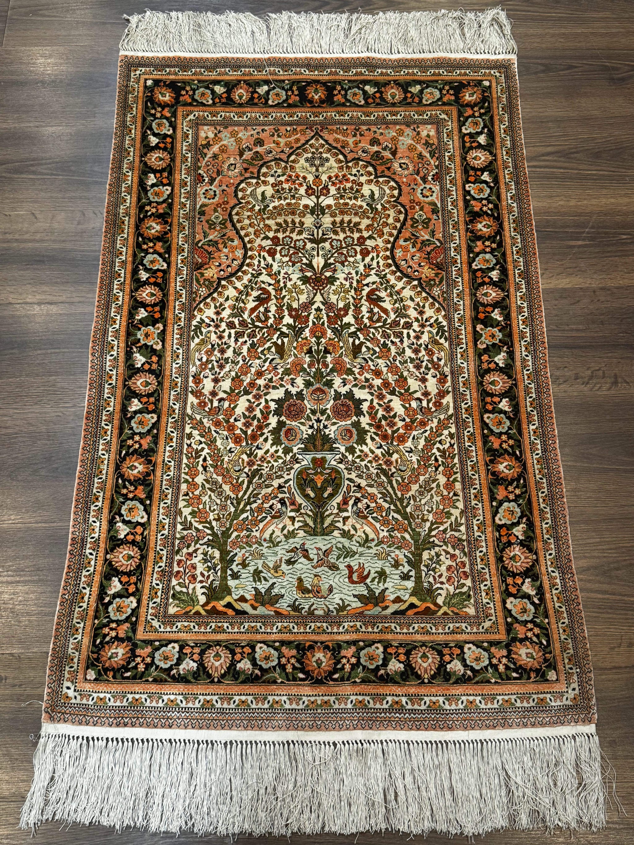 Exceptional Silk Rug 2.6 x 4, Very Fine 630 KPSI, Persian Vase Tree of Life Bird Pictorials, Handmade by Jewel Rugs