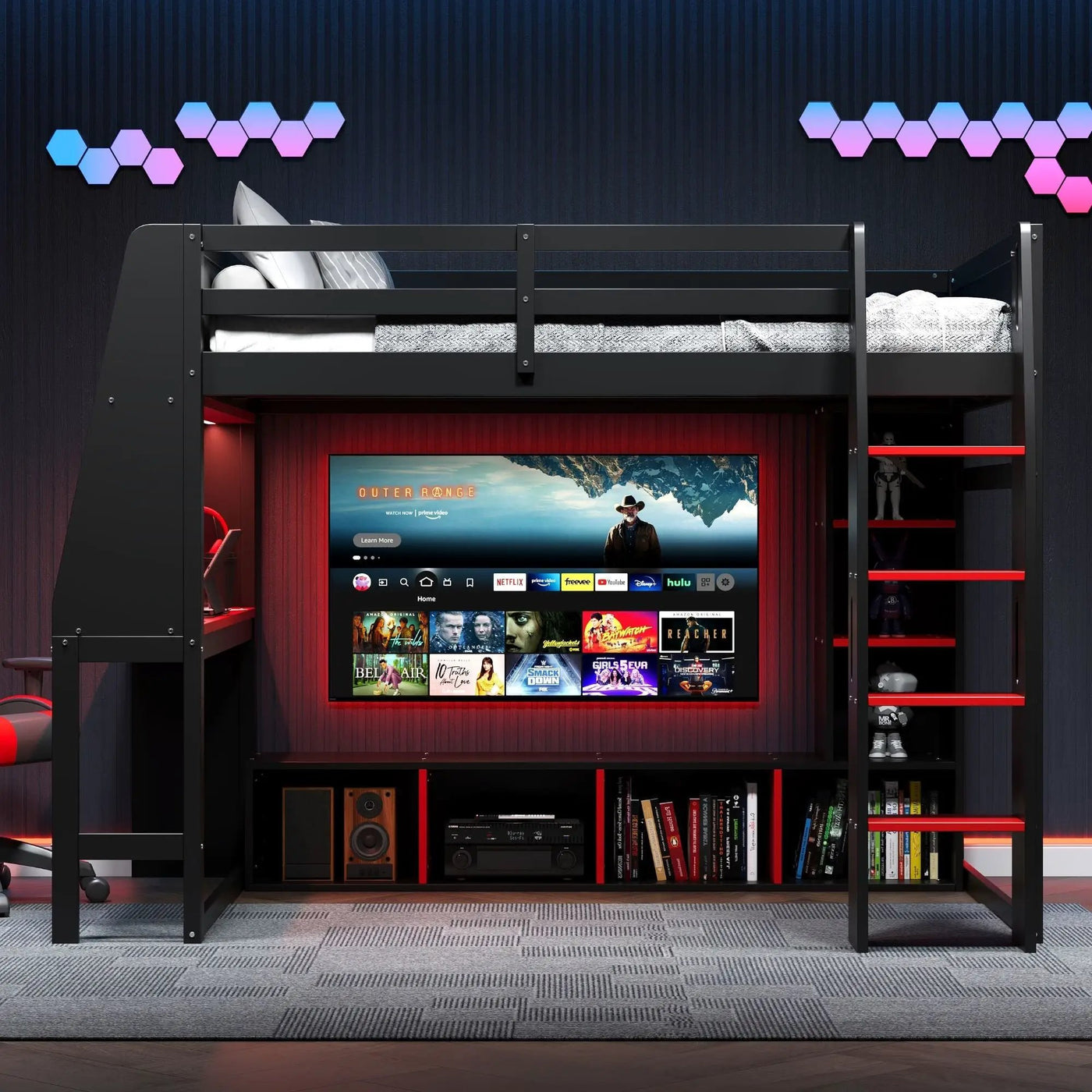 Gaming Loft Bed With Desk, Multi Storage Shelves, LED Lighting, And Hanging Clothes Rack by HouseOfZazla