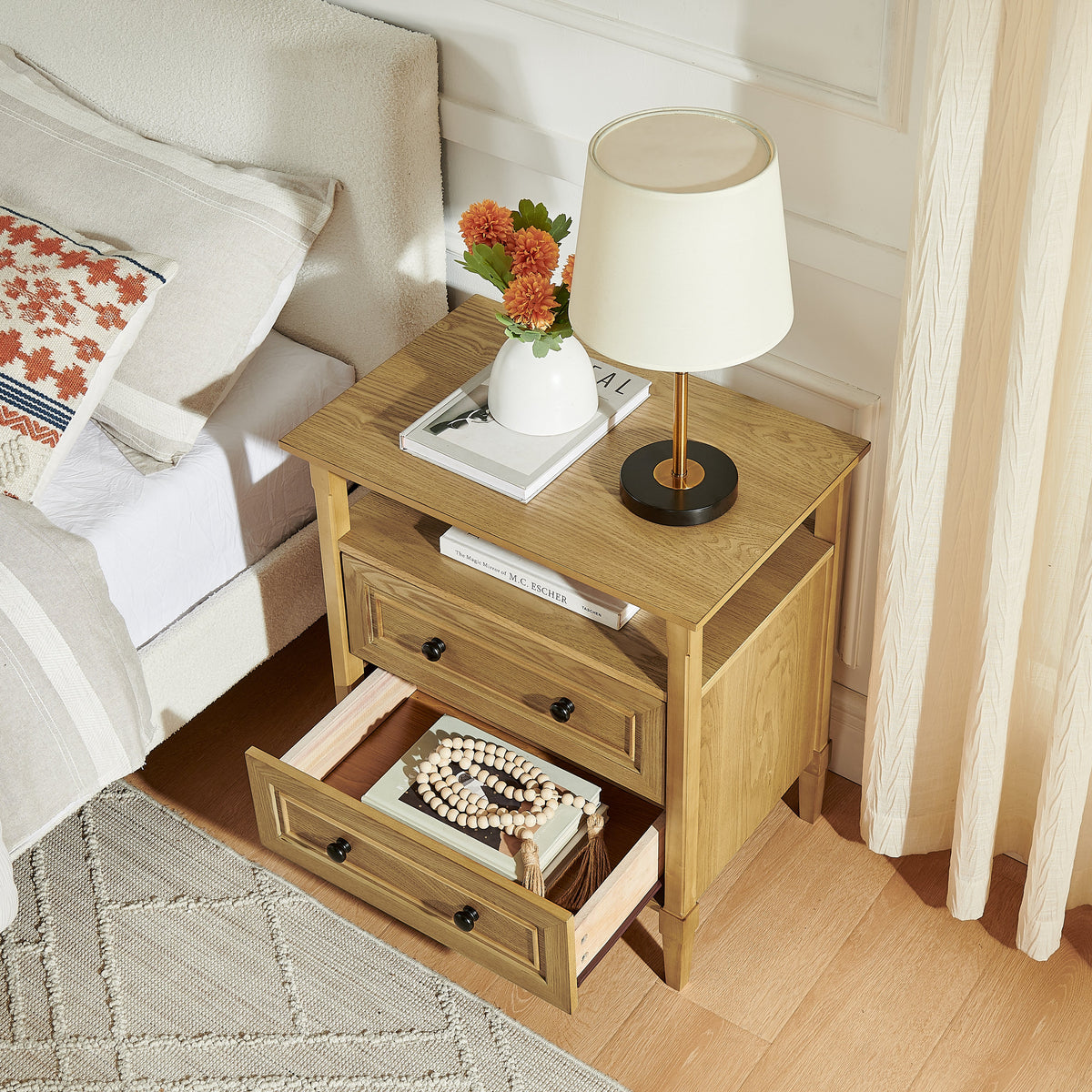 Wooden Bedside Nightstand with Open Cubby & 2 Storage Drawers - Bedroom Cabinet, photo 3 of 10