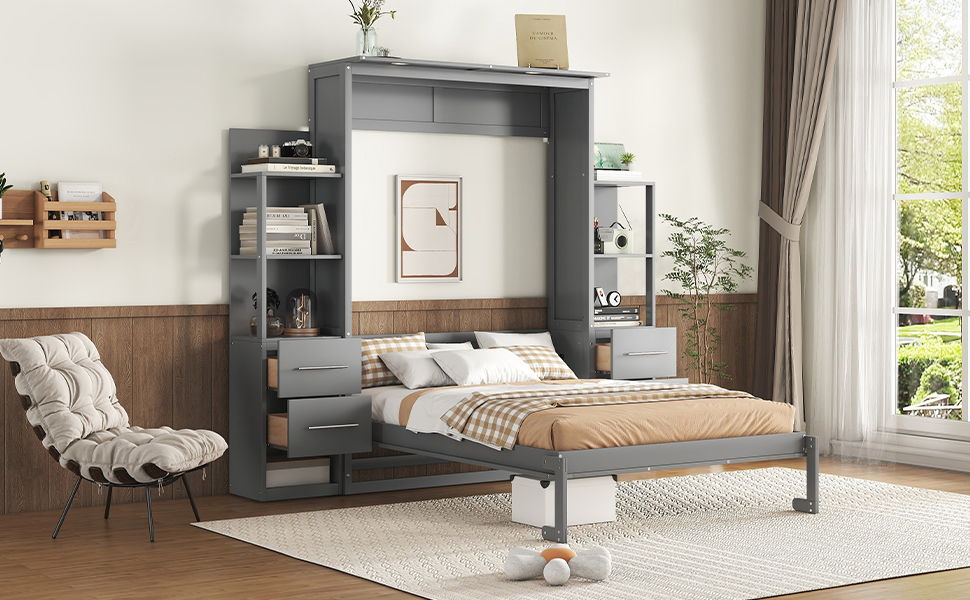 Murphy Wall Bed With LED Lights, Shelves And Drawers