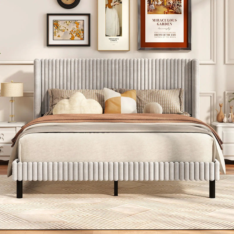 Queen Size Velvet Bed Frame with Vertical Channel Tufted Wingback Headboard-White by DirectDeals