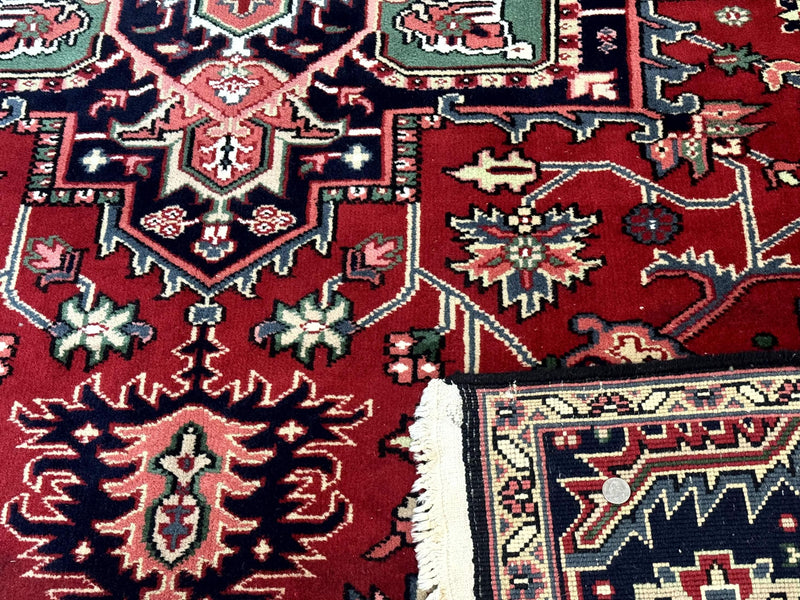 Indo Persian Heriz Rug 8x10, Geometric Medallion, Brick Red Ivory Navy Blue, Room Sized Heriz Carpet, Wool Rug by Jewel Rugs