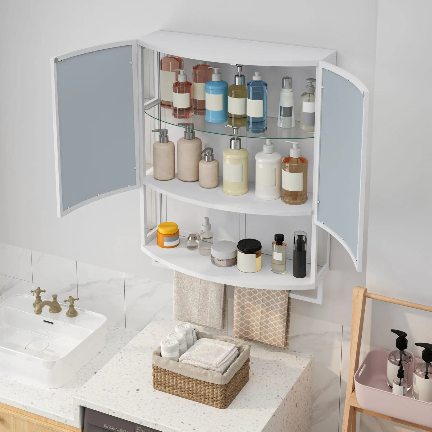 Arched Glass Double Door Wardrobe With Shatterproof Mirror, Open Shelf & Towel Rack by HouseOfZazla