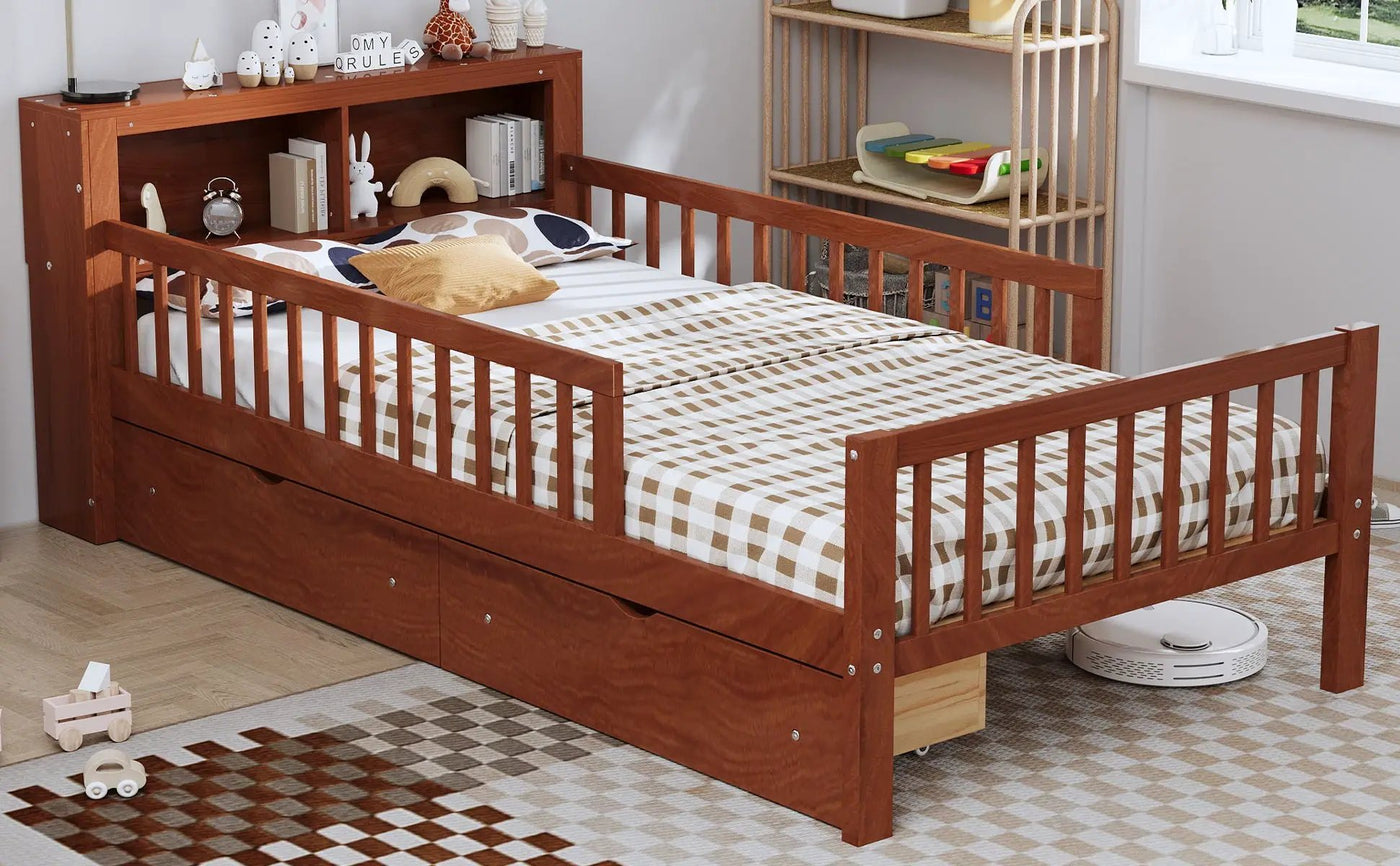 Bed With Headboard Storage Rack, 2 Under Bed Drawers, 3 Side Guardrails For Safety by HouseOfZazla