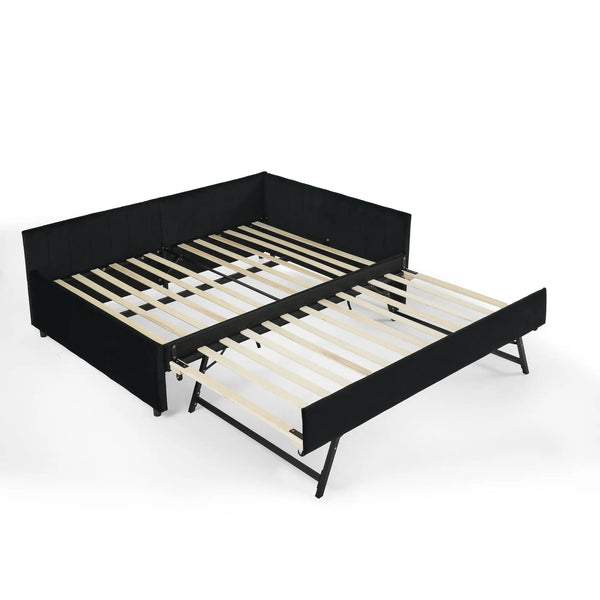 Full Size Upholstered Daybed With Trundle, Tufted Backrest And Armrests - Black