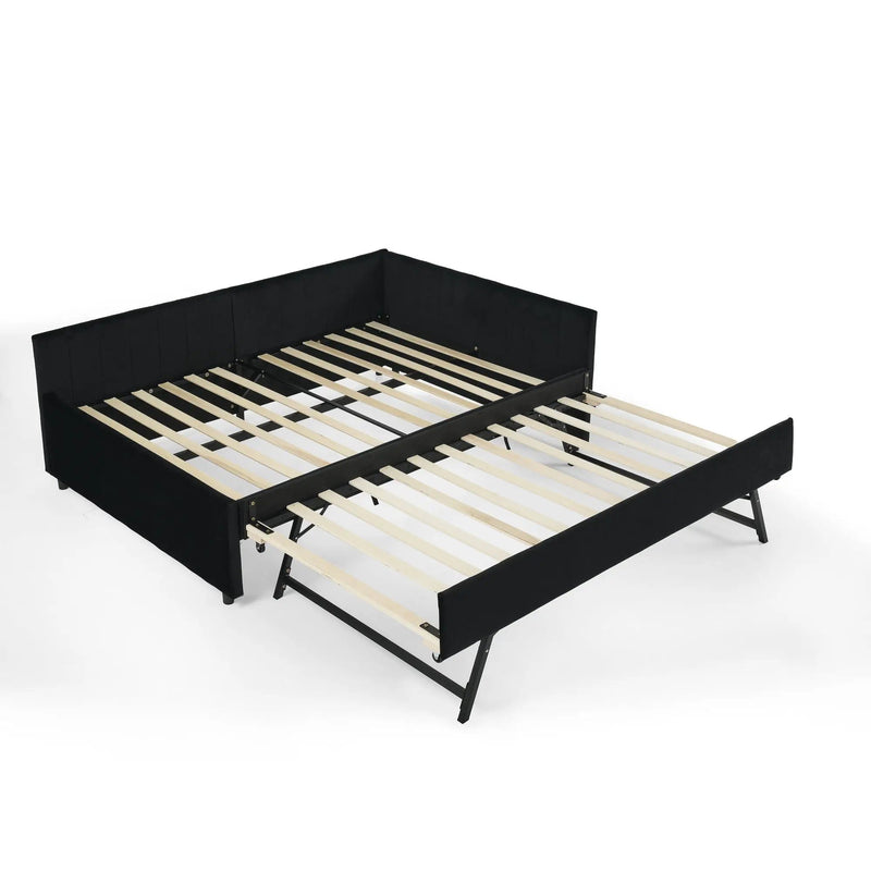 Full Size Upholstered Daybed With Trundle, Tufted Backrest And Armrests - Black