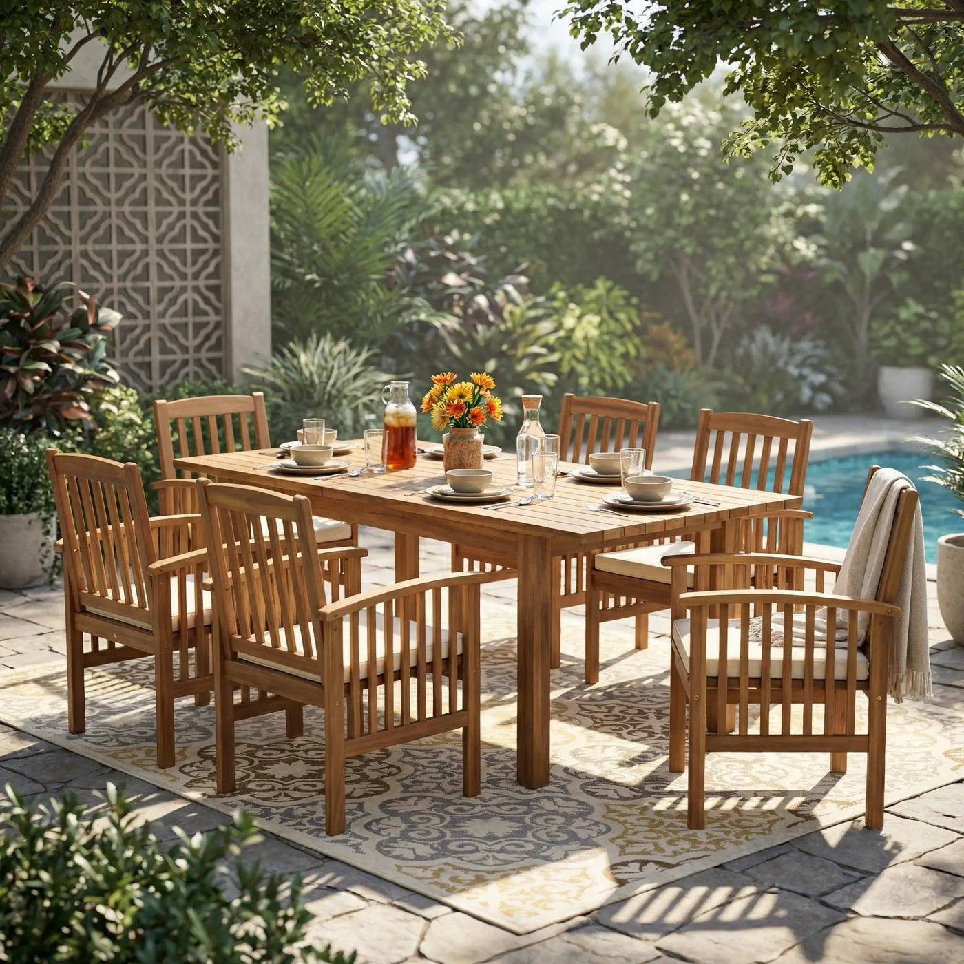 7 Pieces Acacia Wood Outdoor Dining Set by HouseOfZazla