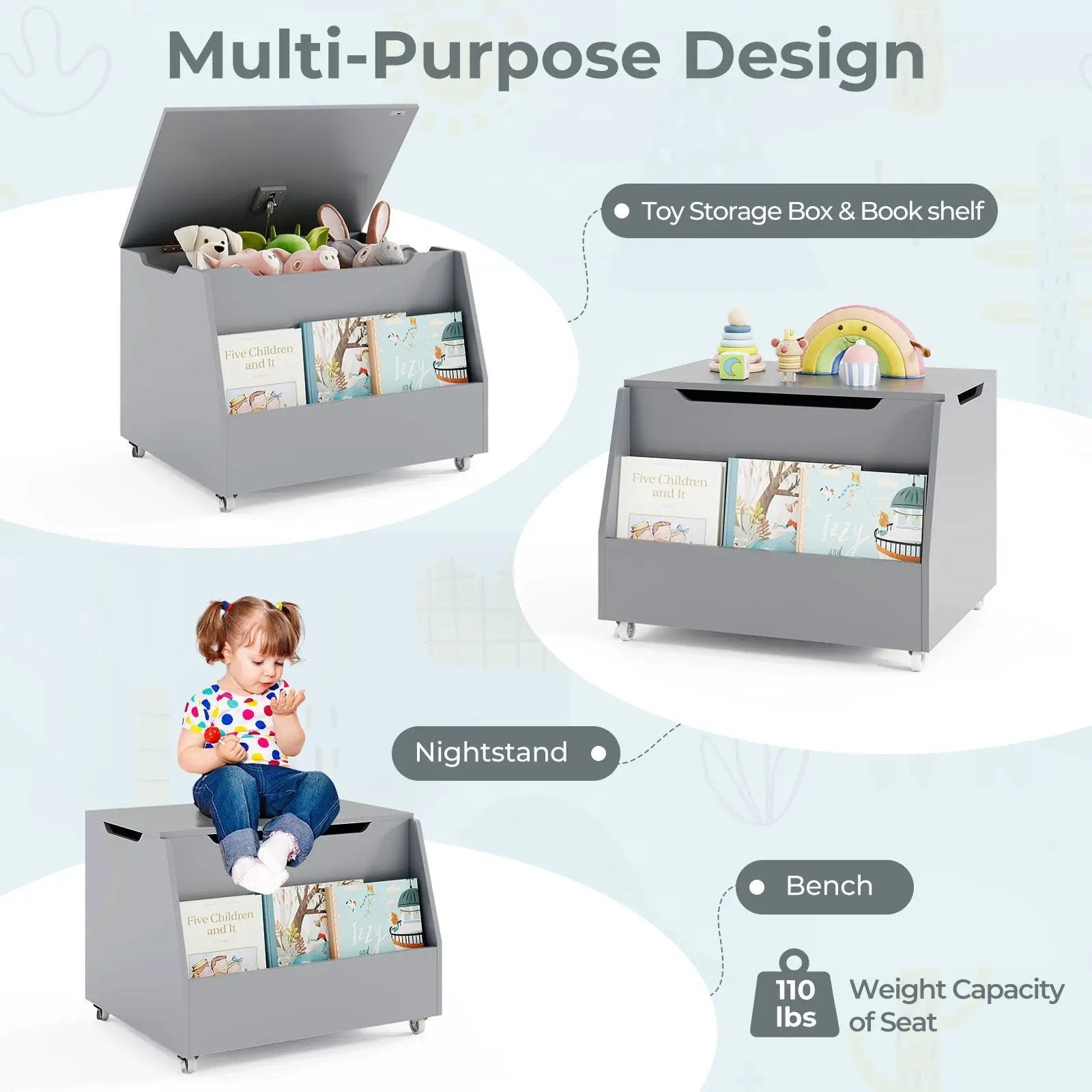 Wooden Mobile Toy Storage Organizer with Bookshelf and Lockable Wheels by DirectDeals