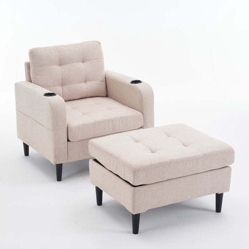 Upholstered Armchair And Storage Ottoman Set, Comfortable Single Sofa With Cup Holders And Tufted Detailing, Ideal For Living Room Or Bedroom by HouseOfZazla