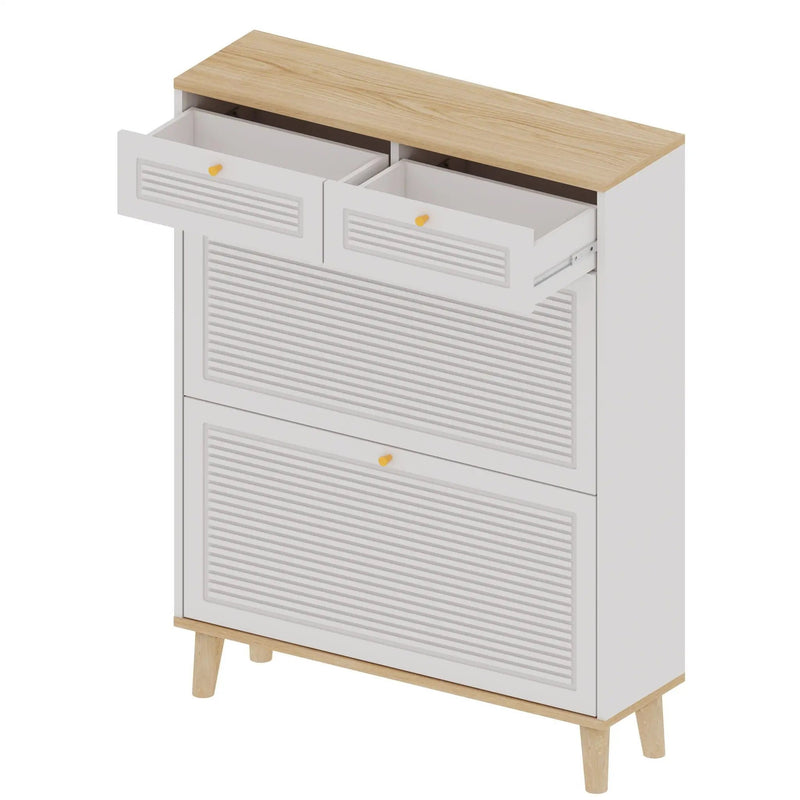 Modern Freestanding Shoe Cabinet With Flip Up Doors And Drawers, Compact Design For Entryway - White Natural by HouseOfZazla