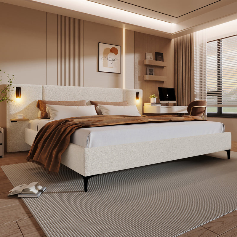 Chic Boucle Upholstered Bed with Integrated Lights and Shelves, photo 2 of 10